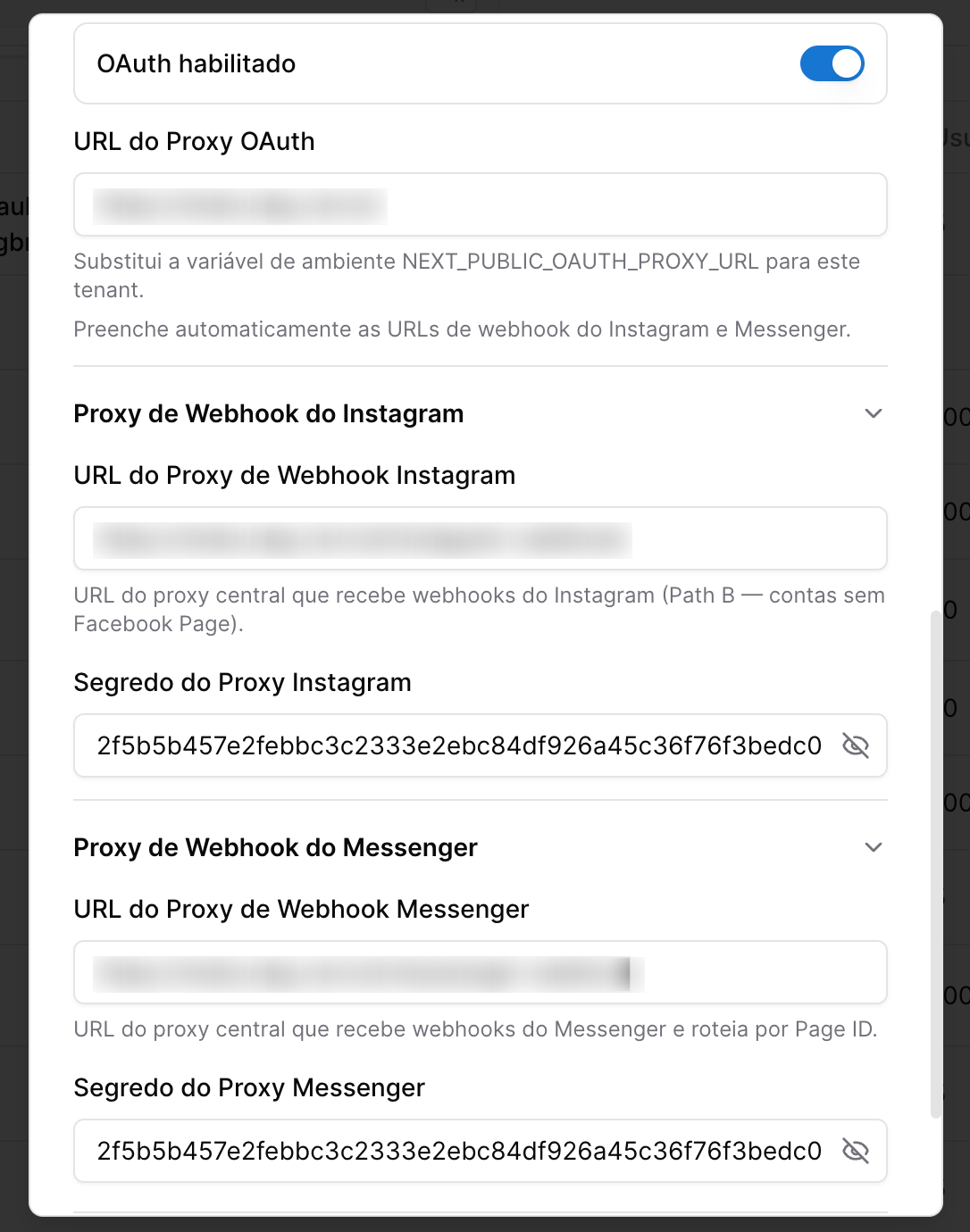 Elite Master Chat - tela de configuração do Tenant - oauth instagram e facebook messenger