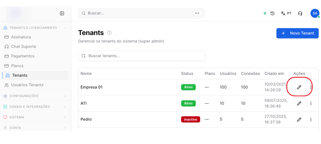 Elite Master Chat - tela de gestão de Tenants - como editar tenant