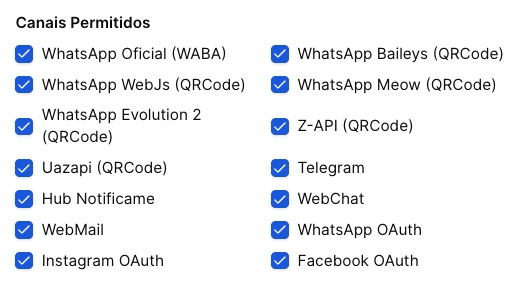 Elite Master Chat - tela de configuração do Tenant - canais liberados